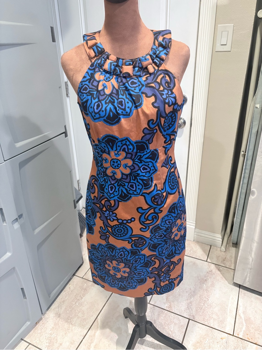 Taylor Blue Floral Halter Mini Dress on Tan